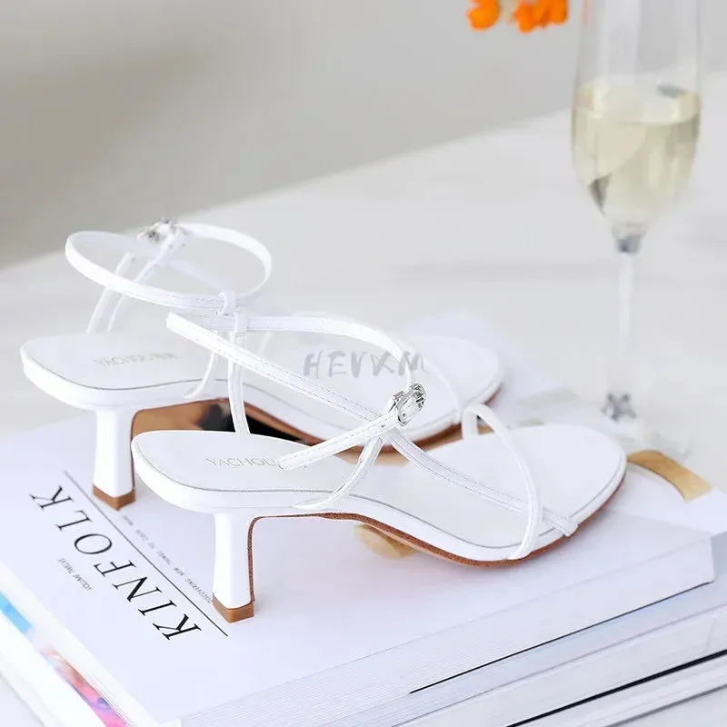 2024 Summer Low Sandals Woman Leather Suit Female Beige Women’s Shoes Mid-heeled Black Comfort New Stiletto Girls Fas