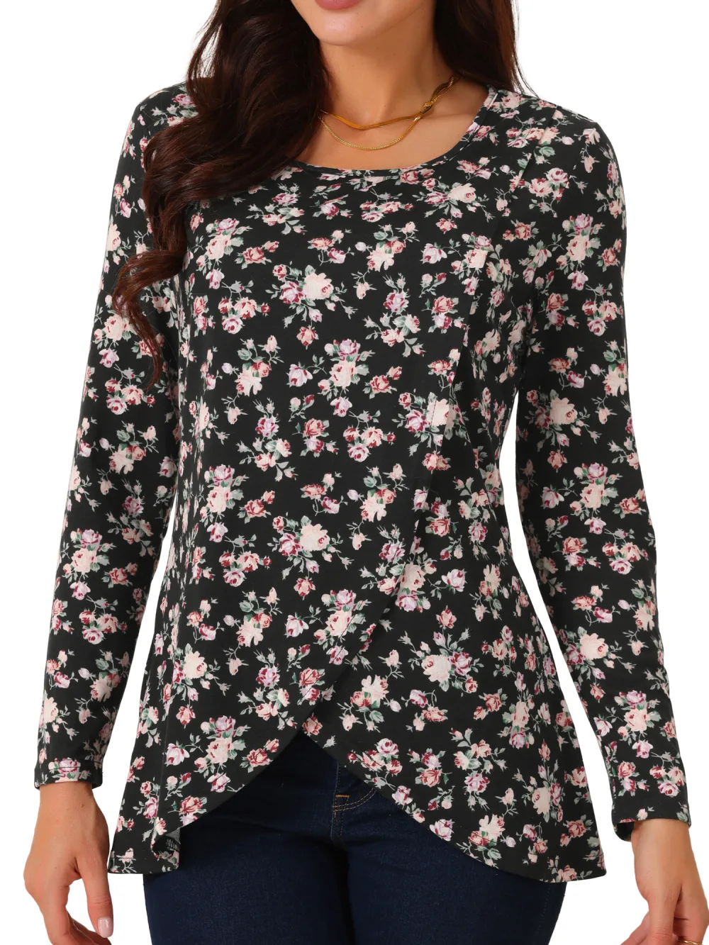 Allegra K - Asymmetrical Hem Floral Casual Top