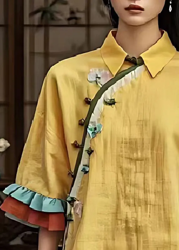 Art Yellow Chinese Button Linen Oriental Shirts Flare Sleeve