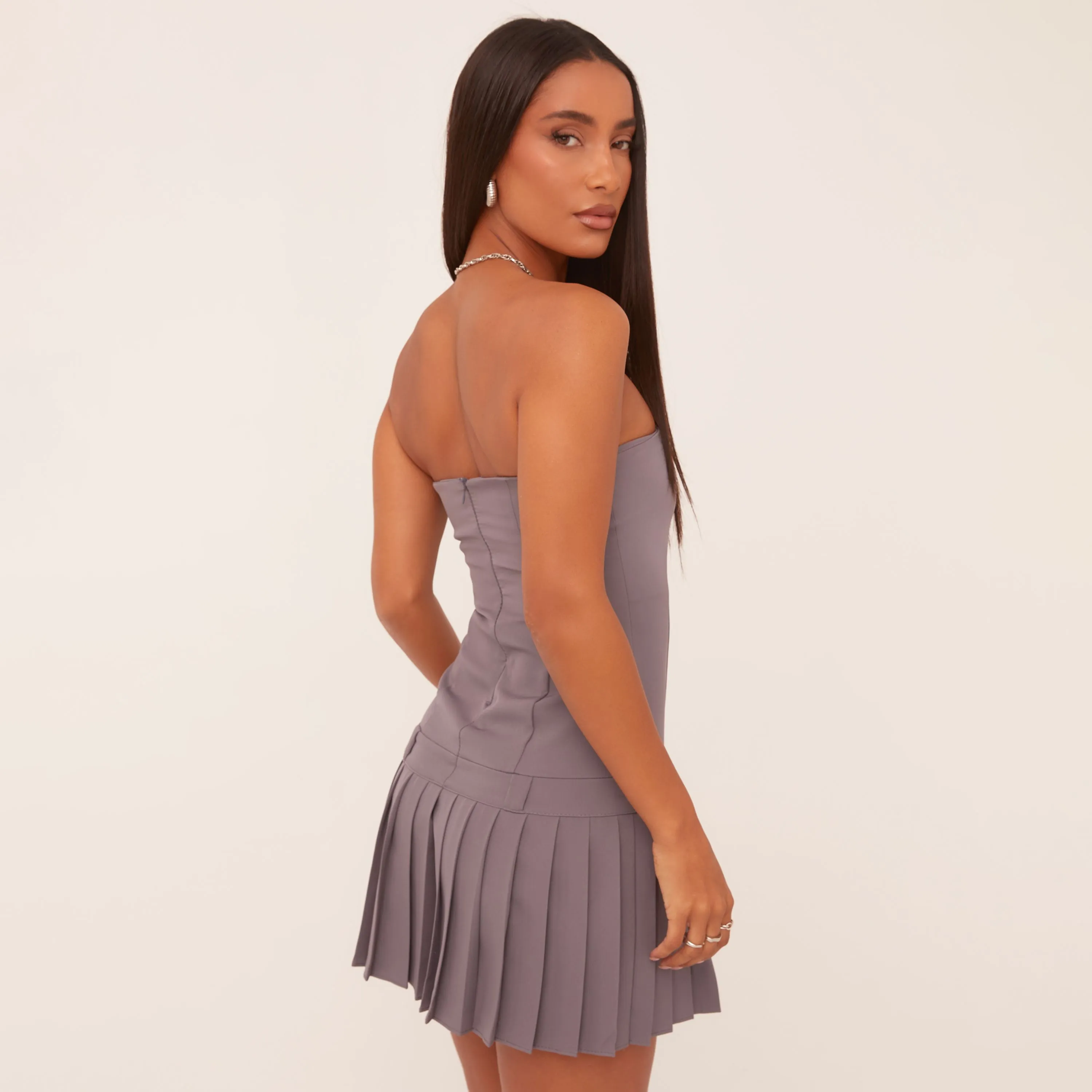 Bandeau Pleated Hem Tailored Mini Dress In Grey Woven