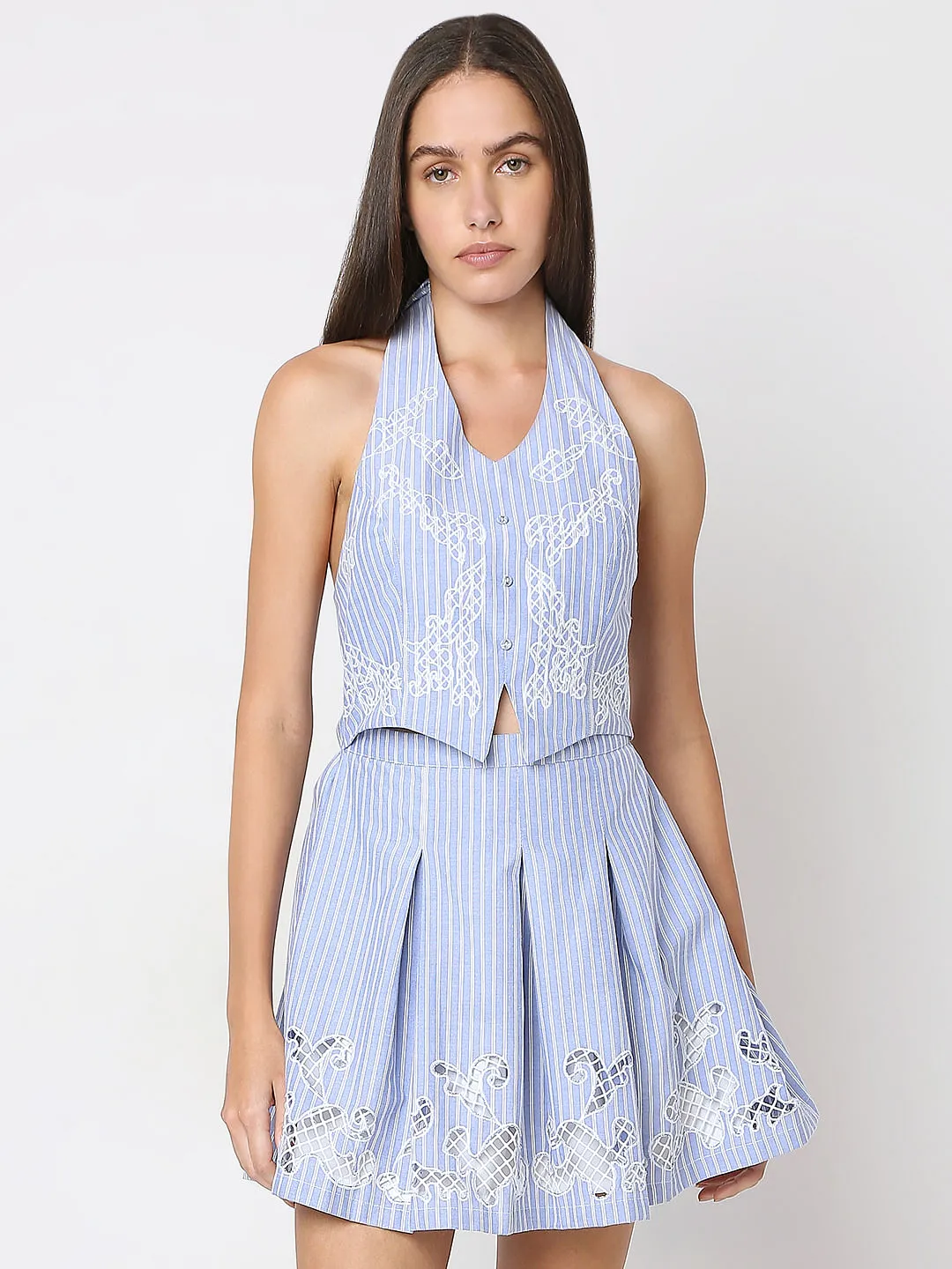 BLUE STRIPES EMBROIDERED MINI DRESS