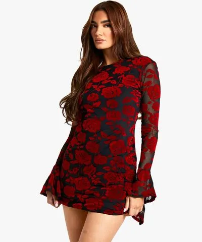 boohoo Womens Devore Flare Sleeve Back Tie Mini Dress