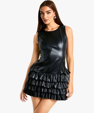 boohoo Womens Pu Ruffle Hem Mini Dress