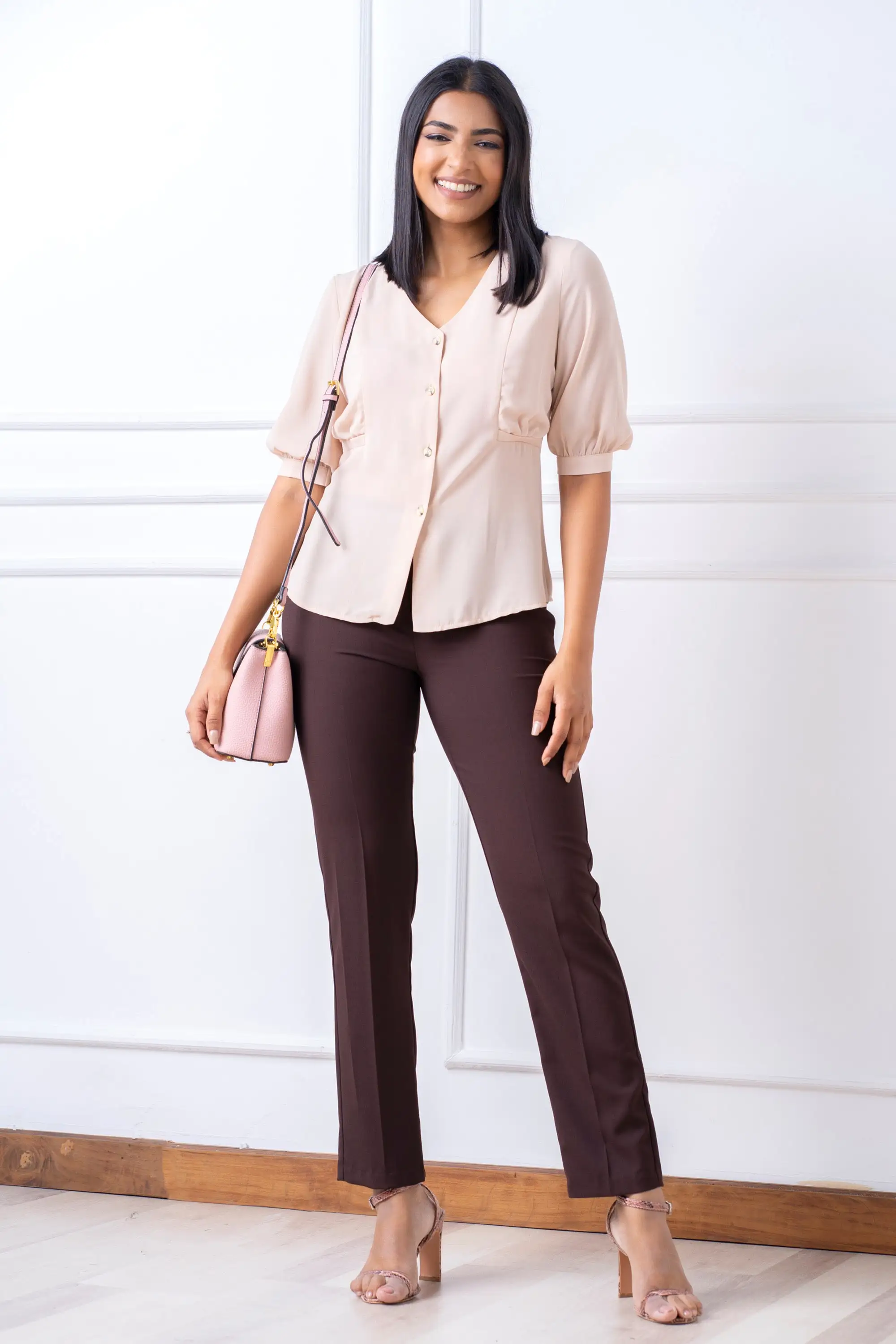 Brown Front Button Puff Sleeve Blouse - Slim Fit