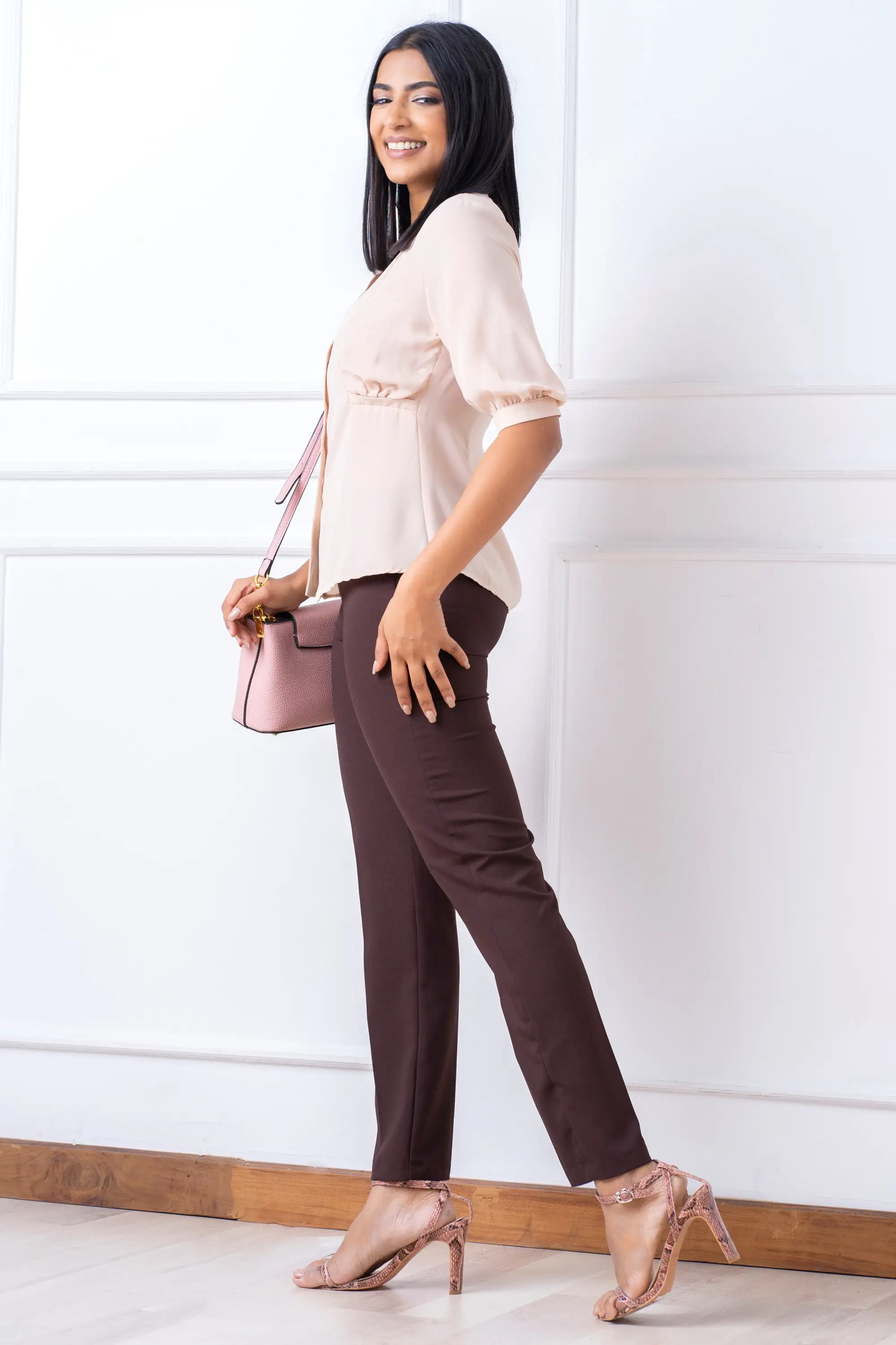 Brown Front Button Puff Sleeve Blouse - Slim Fit