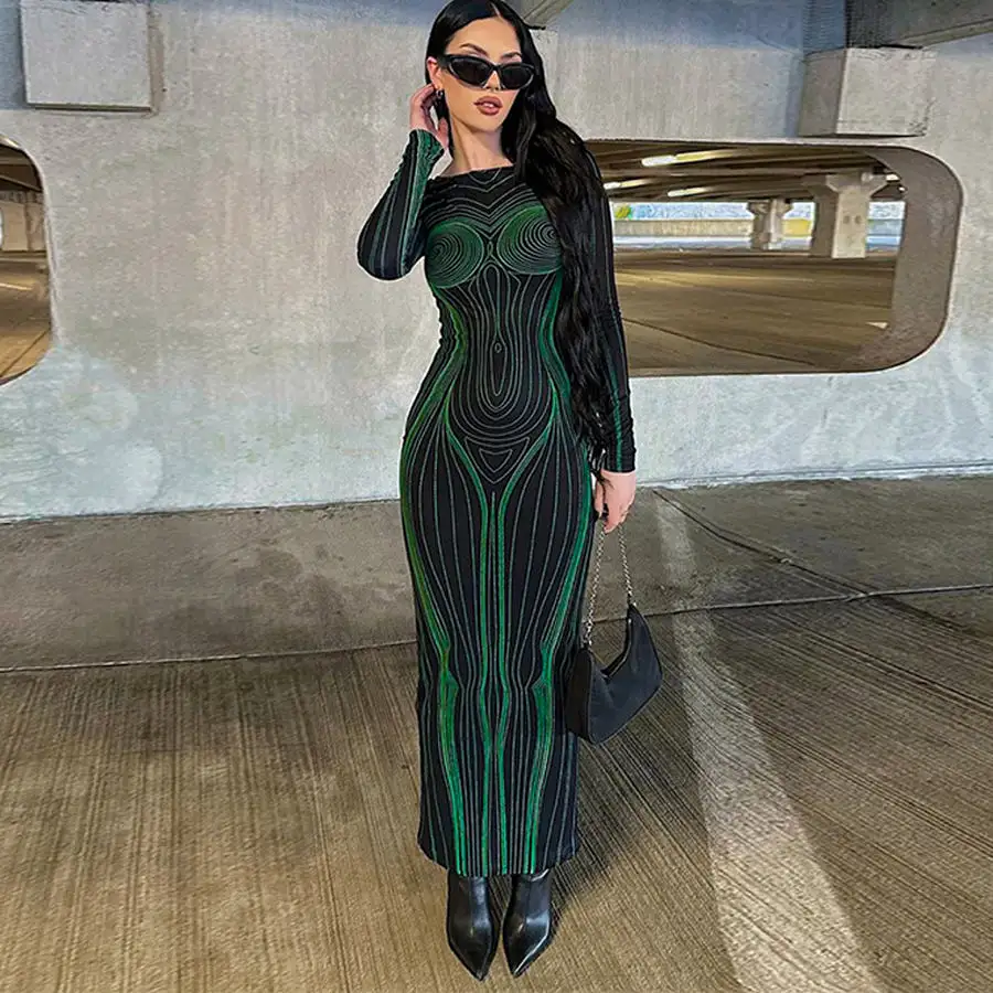 Bulk Order Sexy Knitted Long sleeve printed tight maxi dress women pencil dress Min 2pc