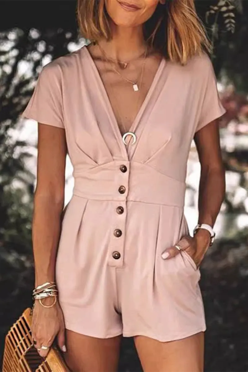 Casual Solid Pocket Buttons V Neck Regular Rompers