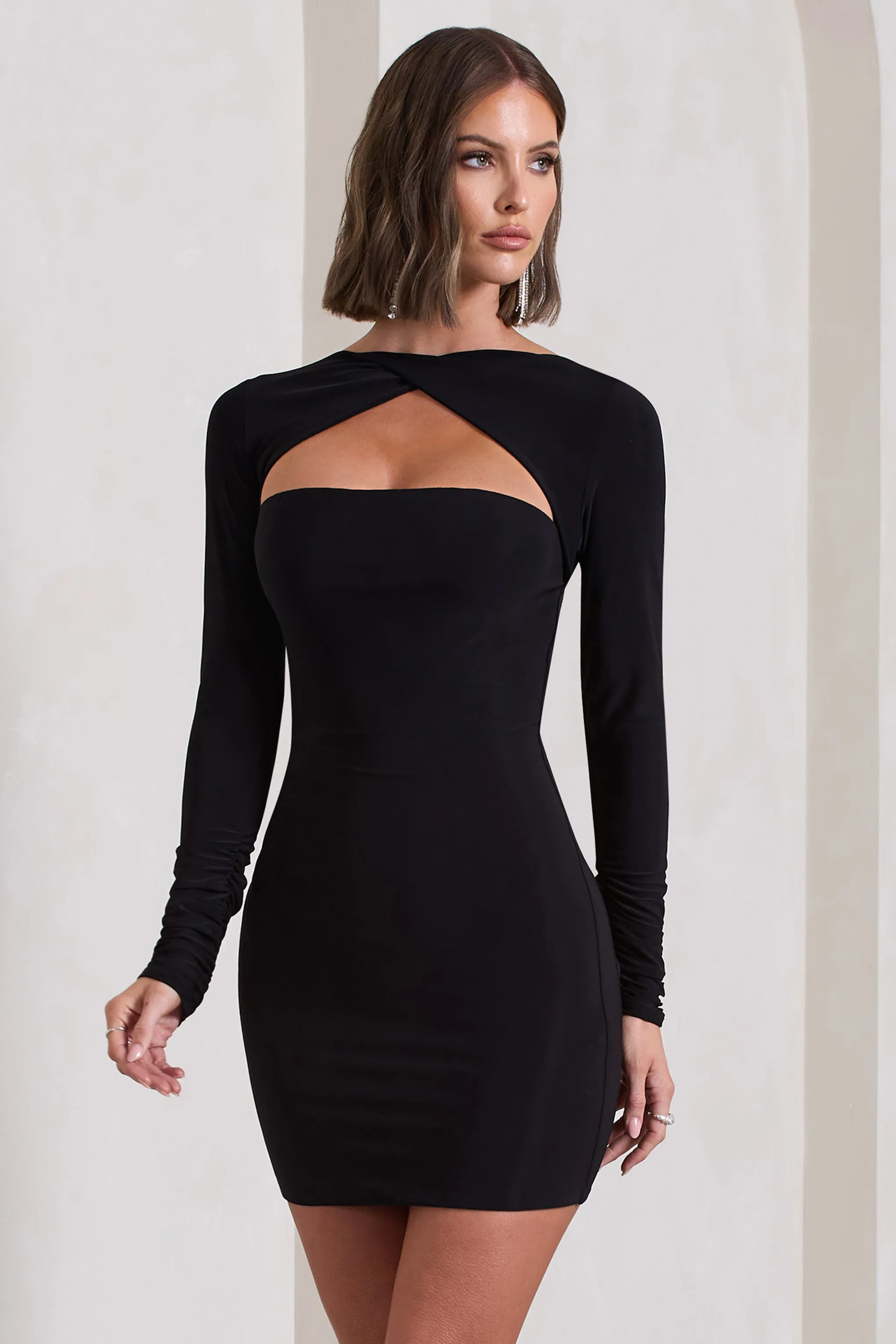 Charmer | Black Twist-Neck Cut-Out Mini Dress