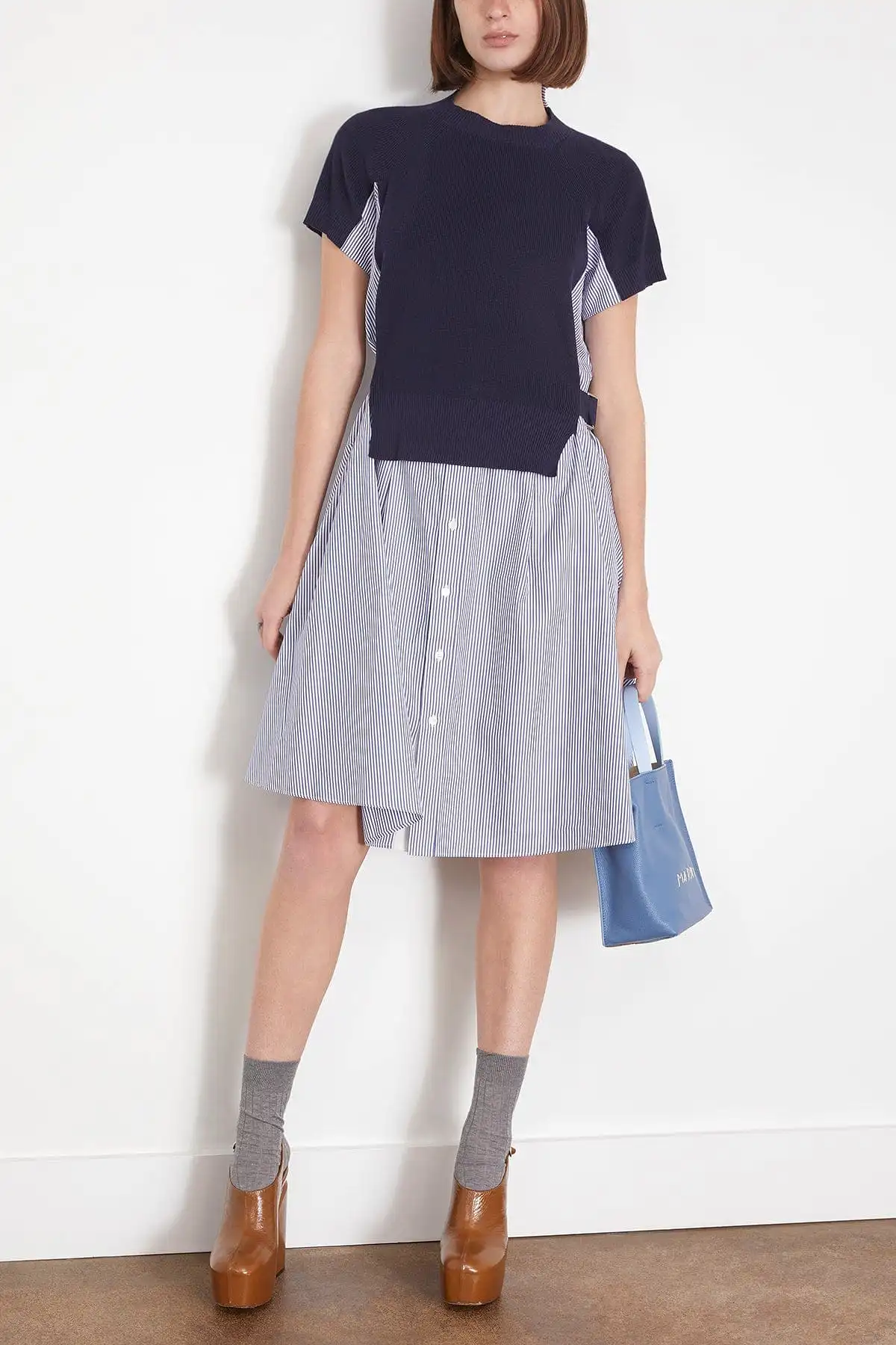 Cotton Knit Dress in Stripe Navy