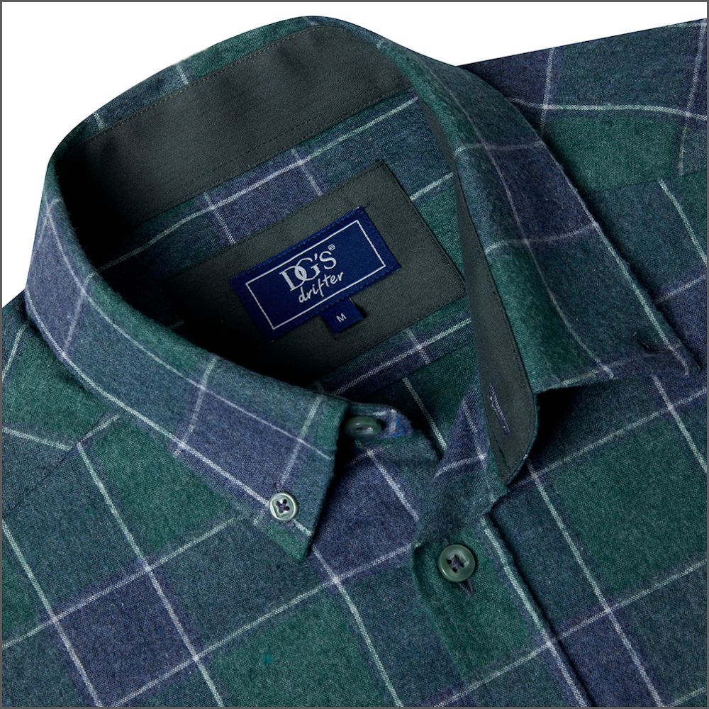 Drifter Ivano Green & Navy Checked Shirt<>