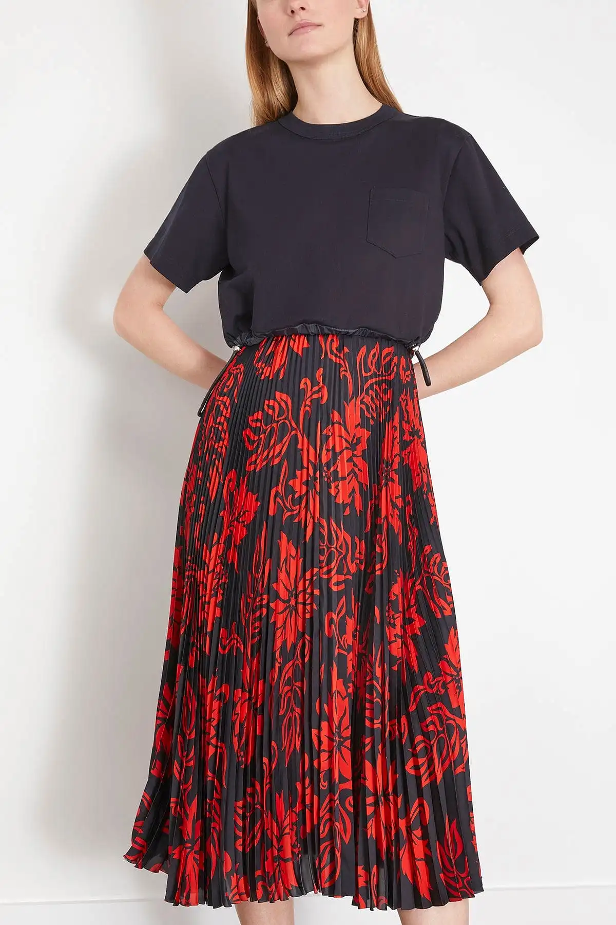 Floral Print Cotton Jersey Dress in Navy x Red