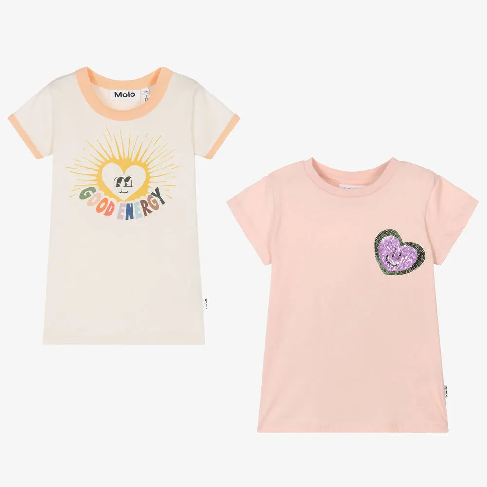 Girls Pink & Ivory Cotton T-Shirts (2 Pack)