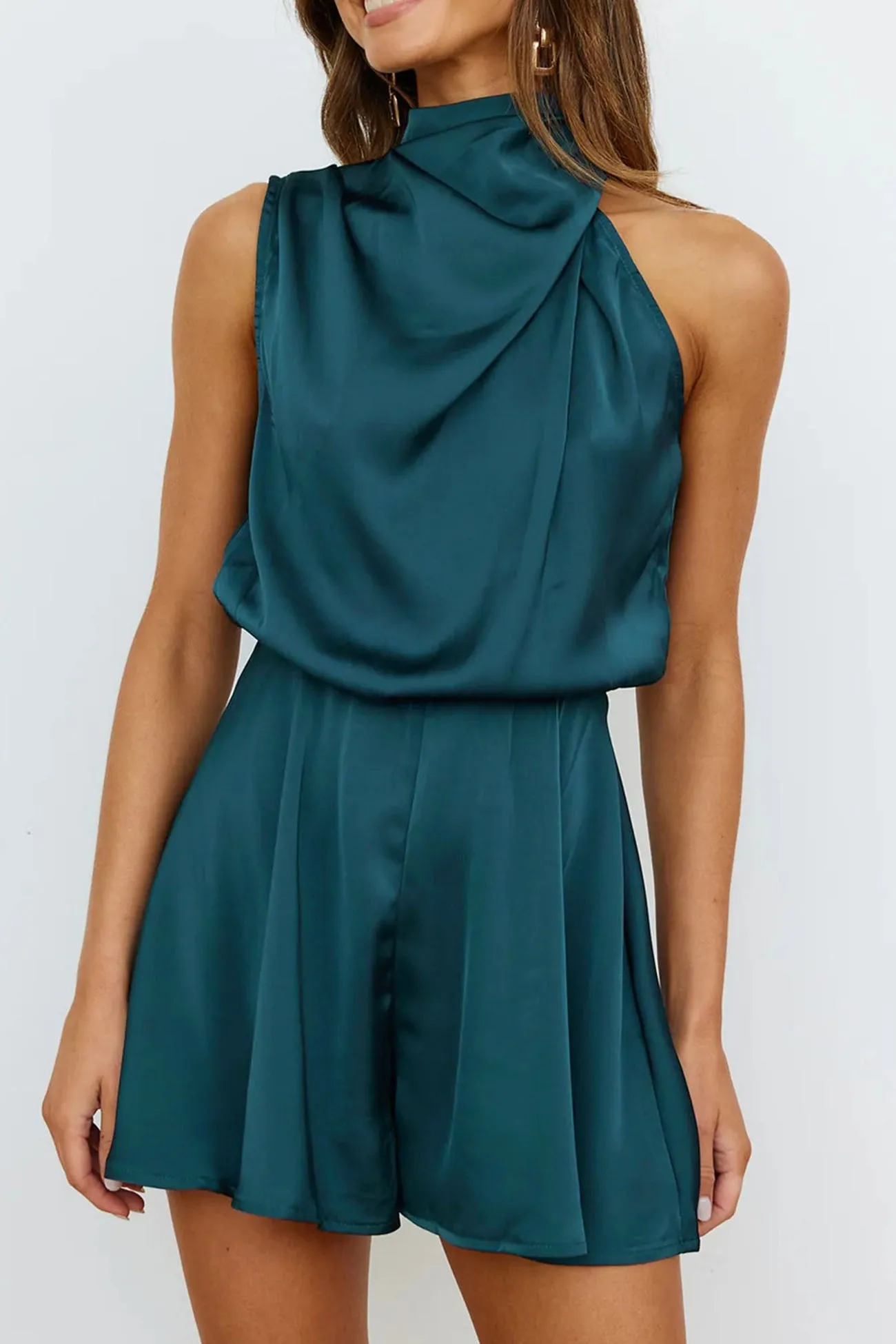 Halter Asymmetrical Satin Sleeveless Rompers