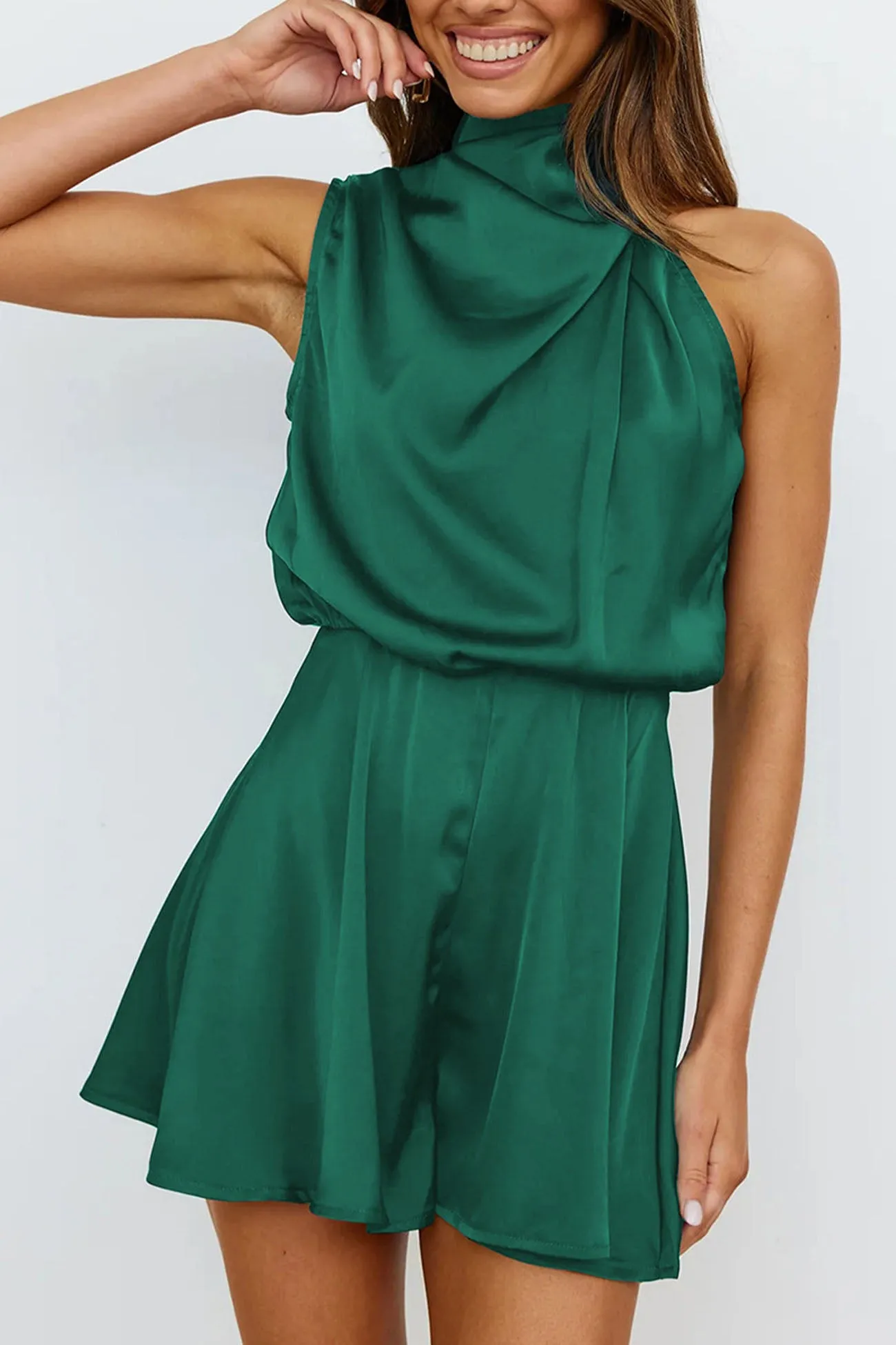 Halter Asymmetrical Satin Sleeveless Rompers