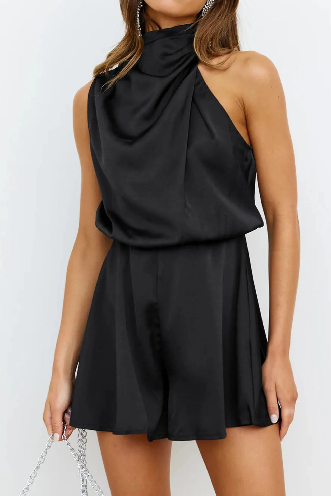 Halter Asymmetrical Satin Sleeveless Rompers