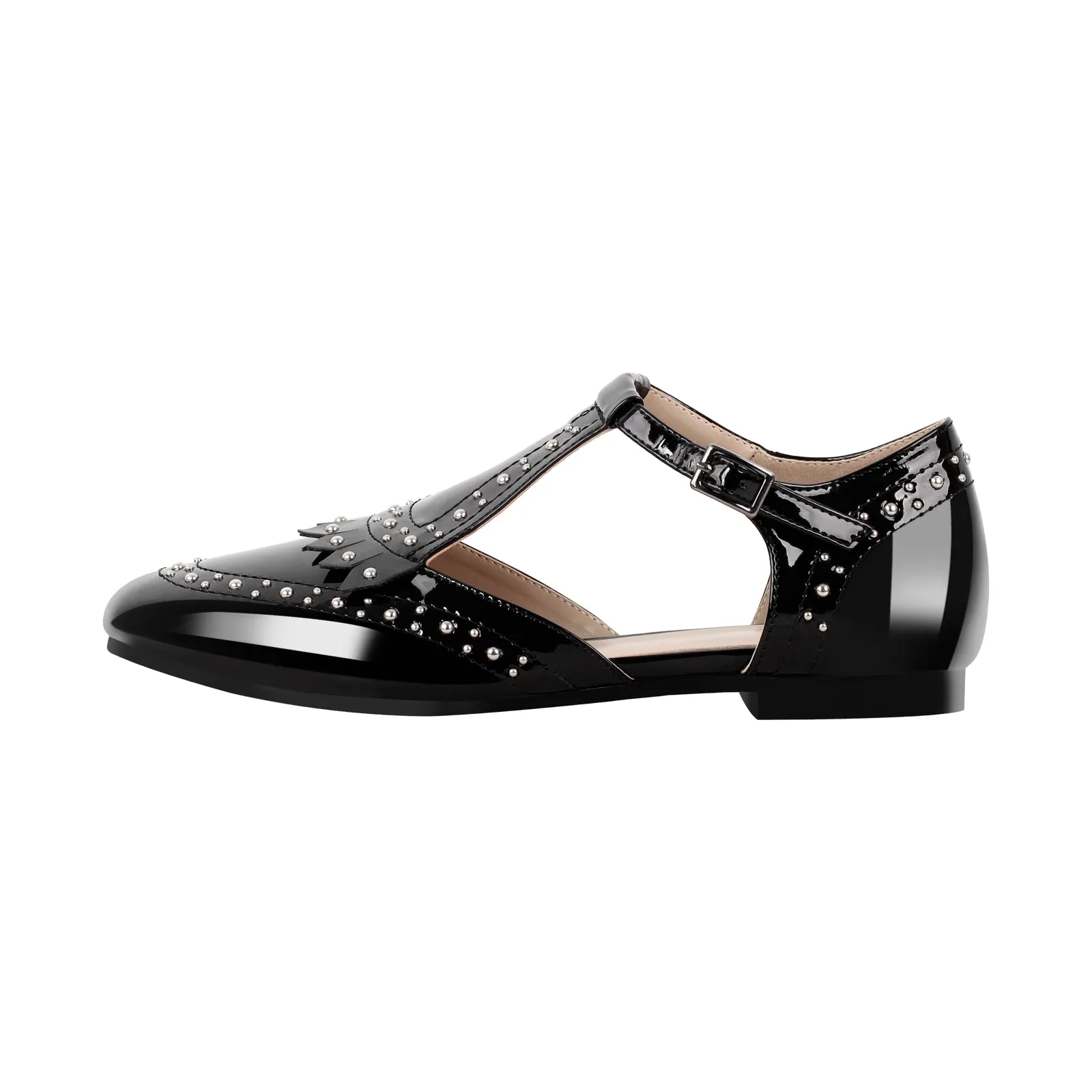 Hollow Black Round Toe Strap Rivet Flats