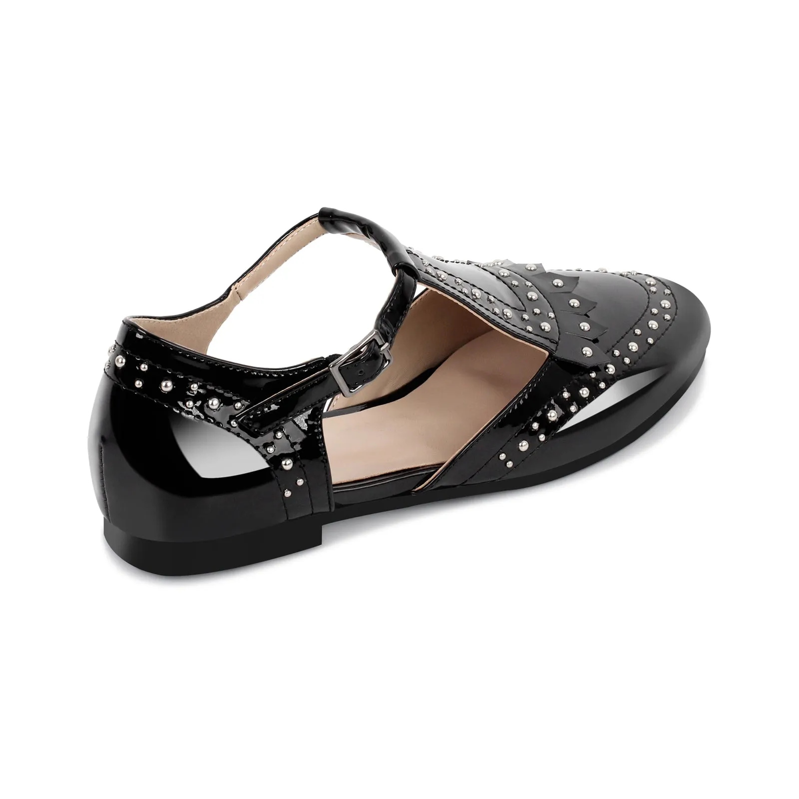 Hollow Black Round Toe Strap Rivet Flats