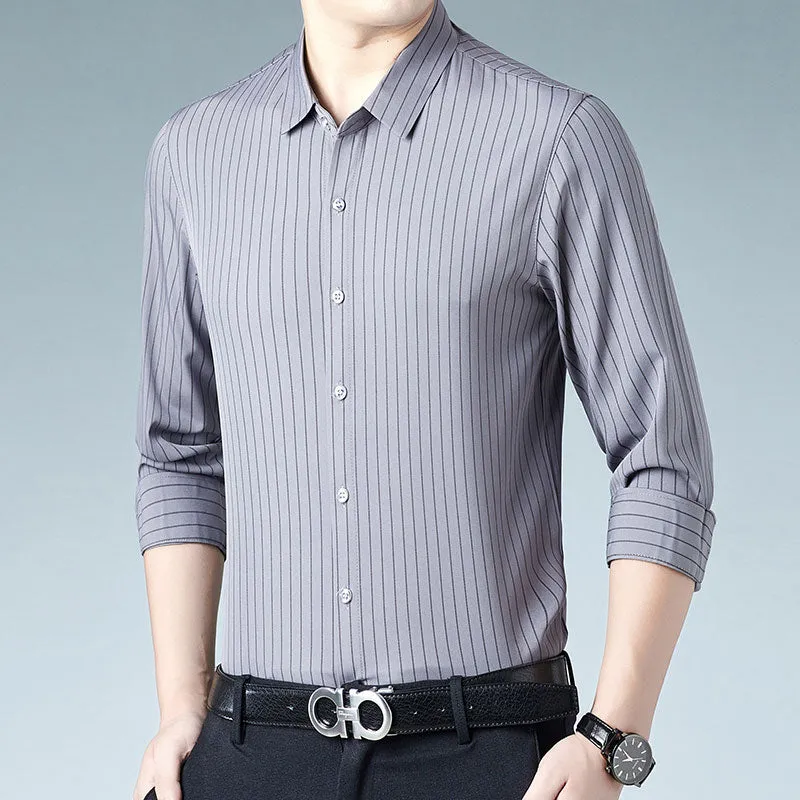 Korean Fashion Striped Square Collar Long Sleeve Casual Shirt for Men