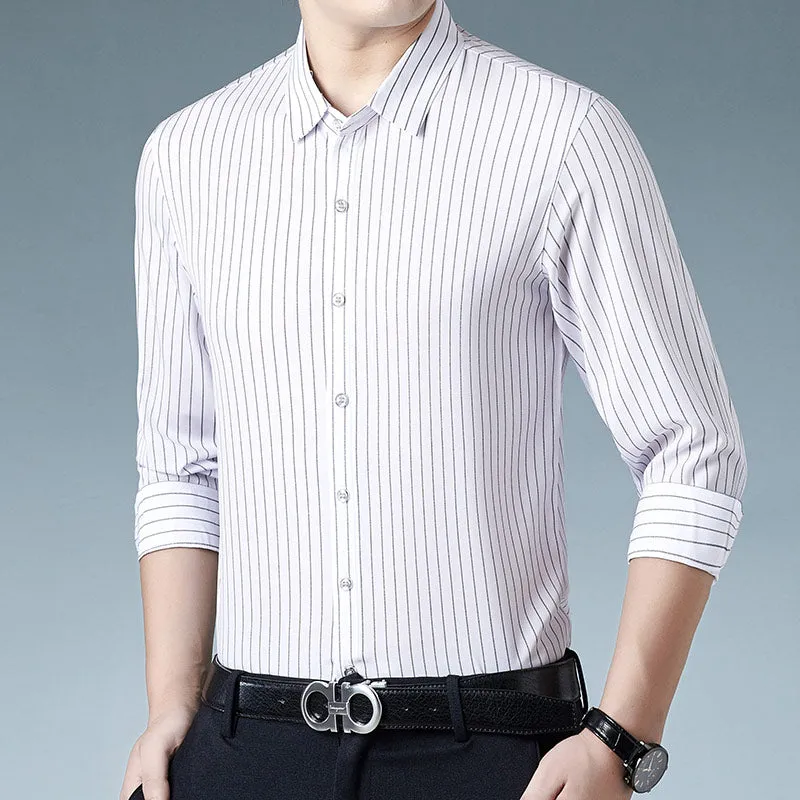 Korean Fashion Striped Square Collar Long Sleeve Casual Shirt for Men