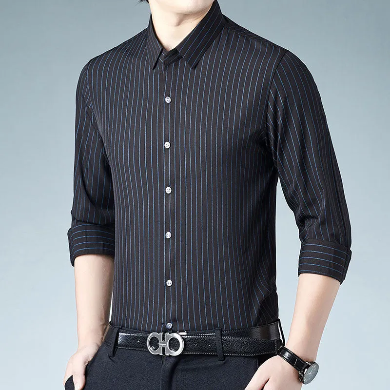 Korean Fashion Striped Square Collar Long Sleeve Casual Shirt for Men