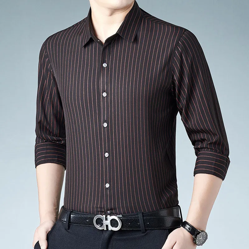 Korean Fashion Striped Square Collar Long Sleeve Casual Shirt for Men