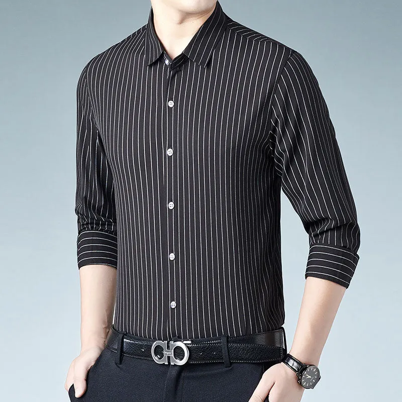 Korean Fashion Striped Square Collar Long Sleeve Casual Shirt for Men