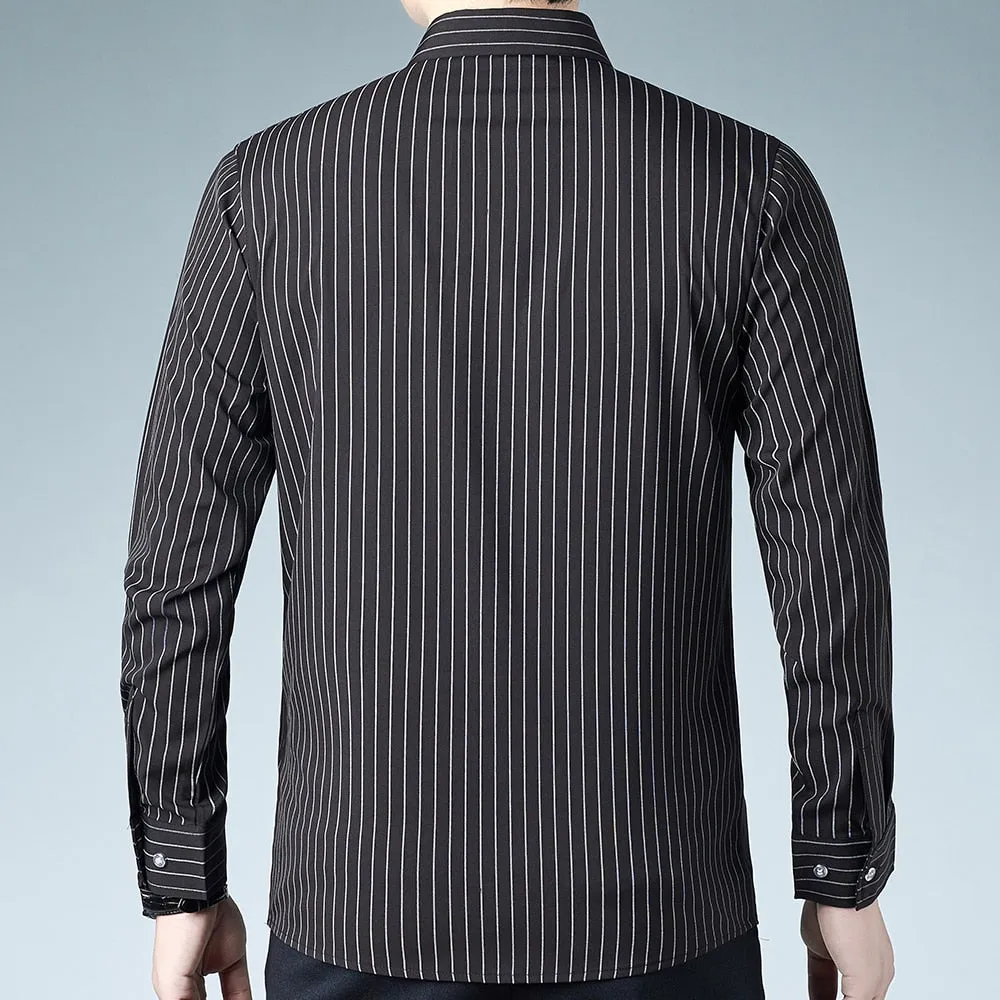 Korean Fashion Striped Square Collar Long Sleeve Casual Shirt for Men