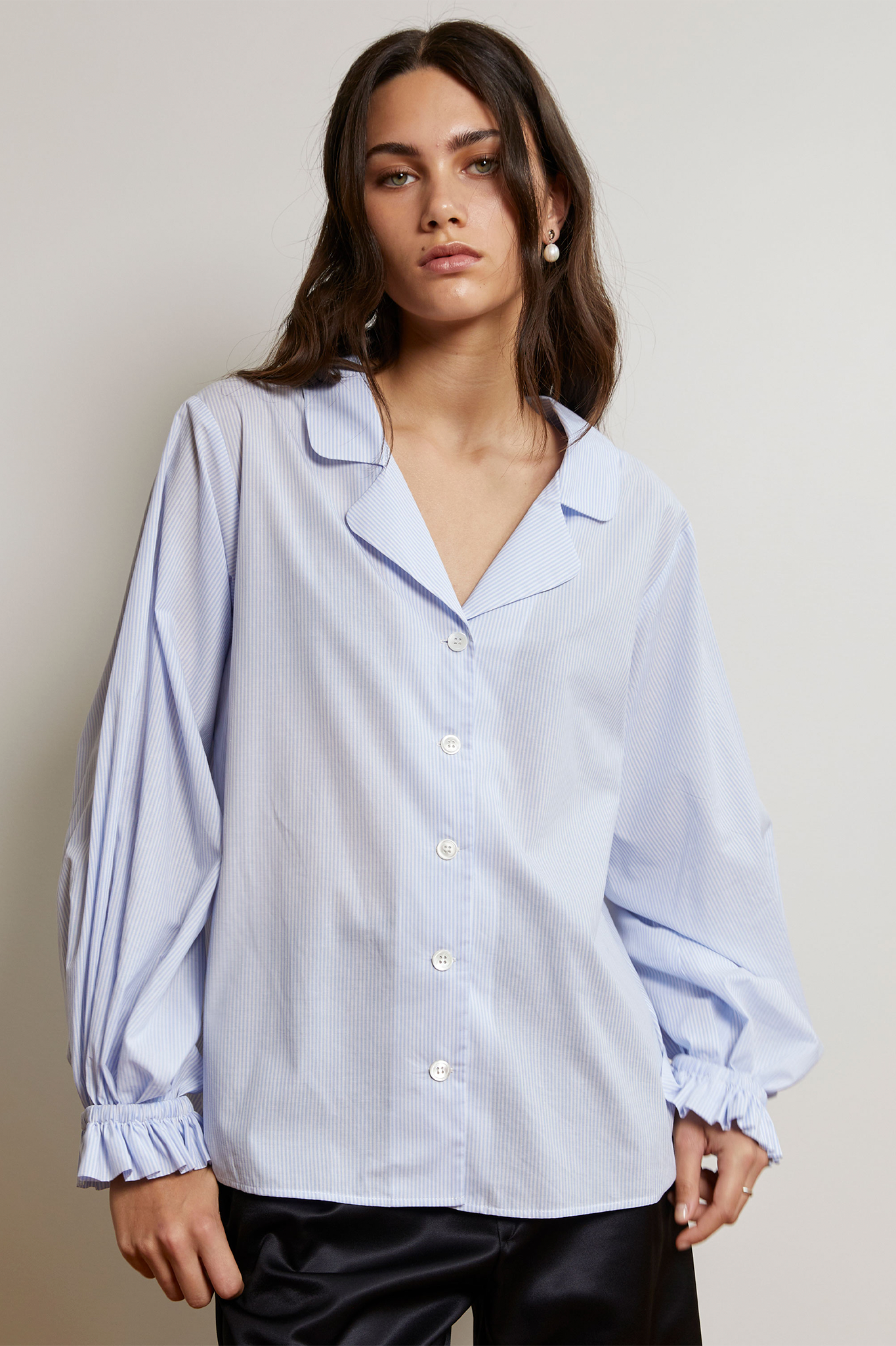 Luna Blouse | Cotton Stripe | Baby Blue + White