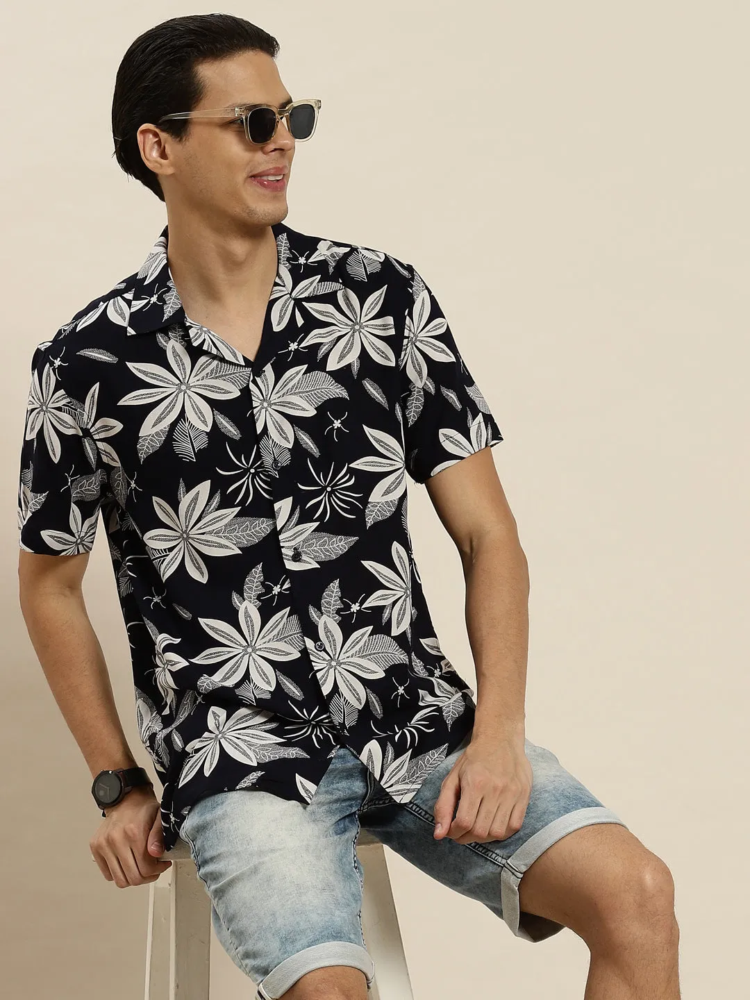 Men Navy Printed Viscose Rayon Regular Fit Casual Shirts