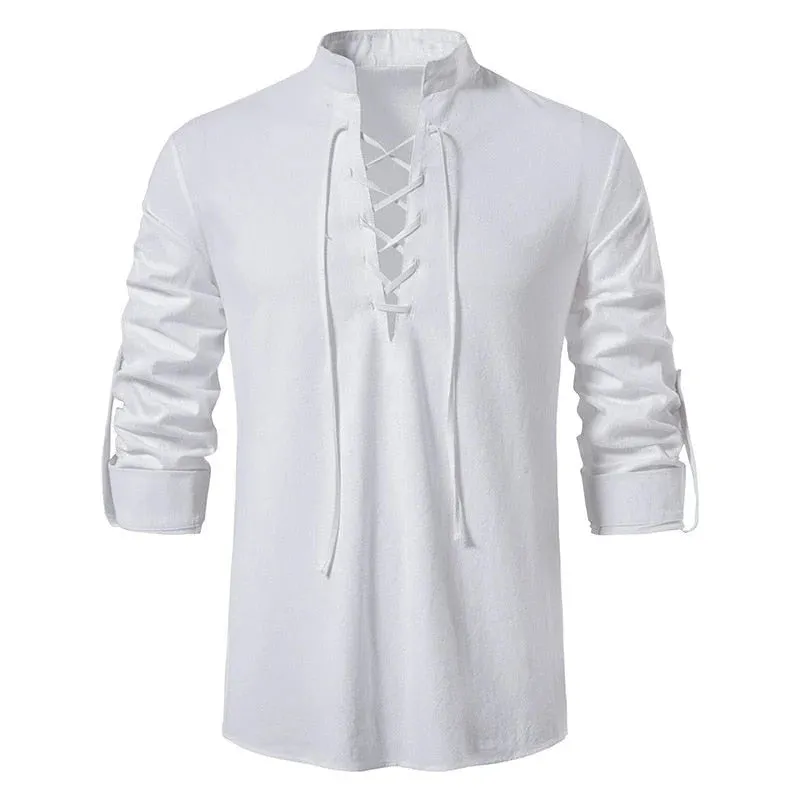 Men's Chic Style Cotton Solid Pattern Lace-Up Long Sleeve Casual Shirt