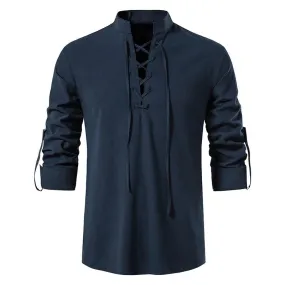 Men's Chic Style Cotton Solid Pattern Lace-Up Long Sleeve Casual Shirt