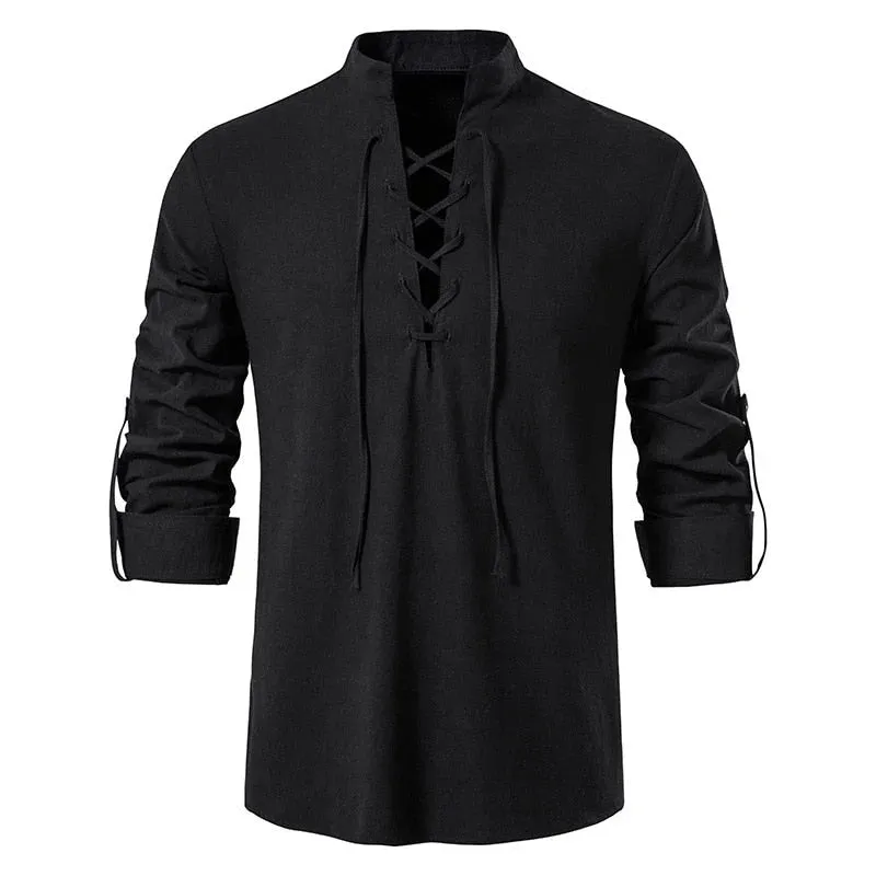 Men's Chic Style Cotton Solid Pattern Lace-Up Long Sleeve Casual Shirt