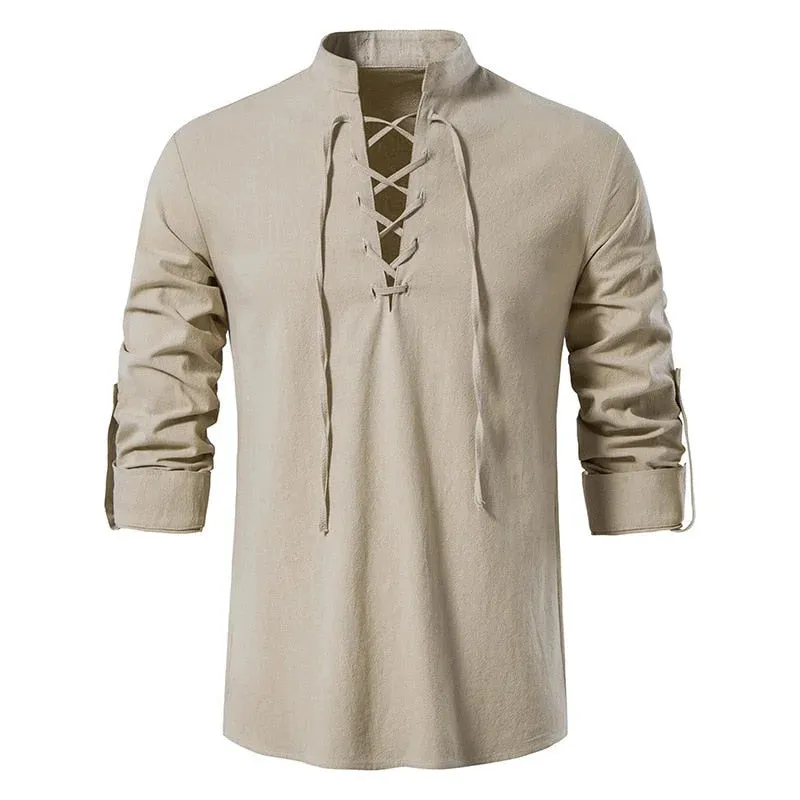 Men's Chic Style Cotton Solid Pattern Lace-Up Long Sleeve Casual Shirt