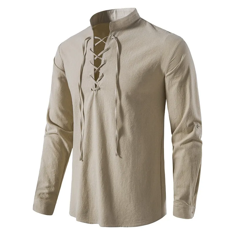 Men's Chic Style Cotton Solid Pattern Lace-Up Long Sleeve Casual Shirt