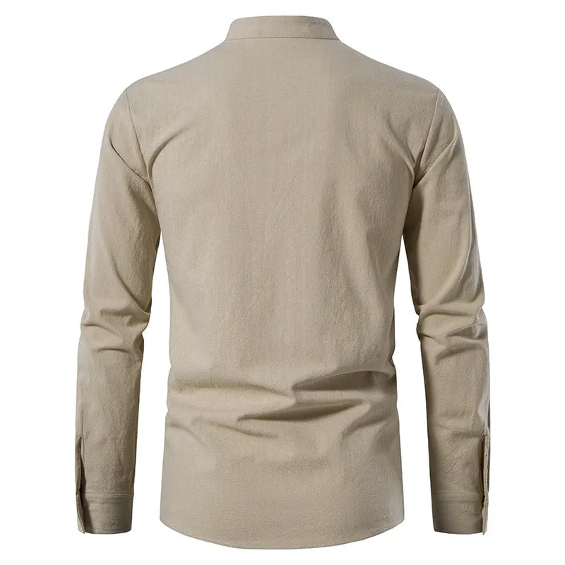 Men's Chic Style Cotton Solid Pattern Lace-Up Long Sleeve Casual Shirt