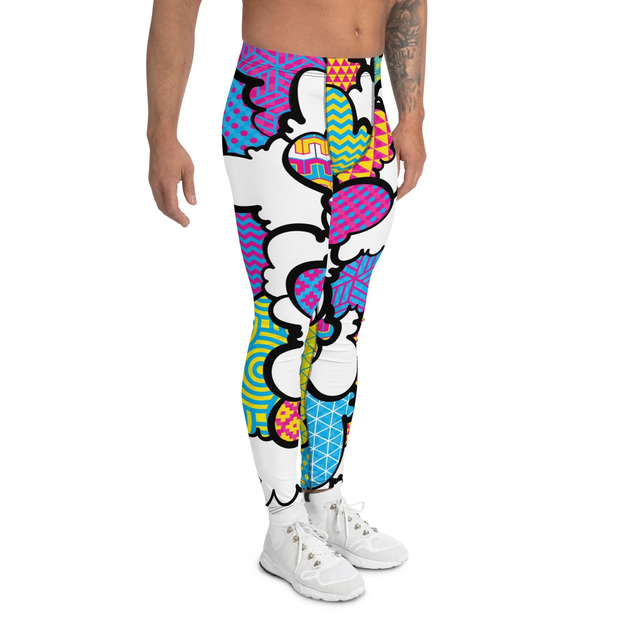 Men's CMYK Graffiti Clouds Pattern Athletic Leggings for Running, Gym, Jiu-Jitsu and MMA