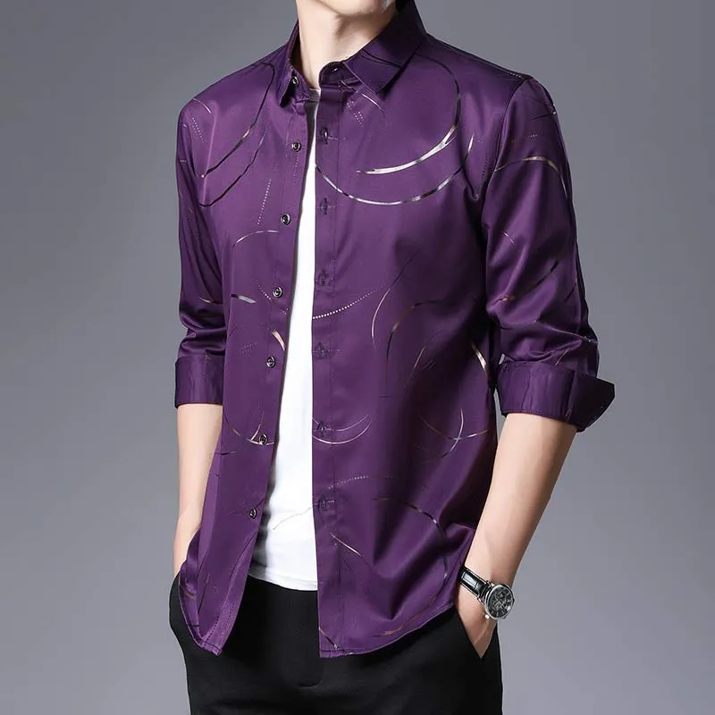 Men's Luxury Square Collar Gilding Slim Fit Long Sleeve Casual Shirt