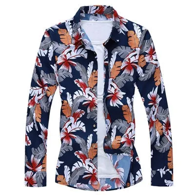 Men's Navy Blue Polyester Slim Fit Printed Pattern Long Sleeve Shirt