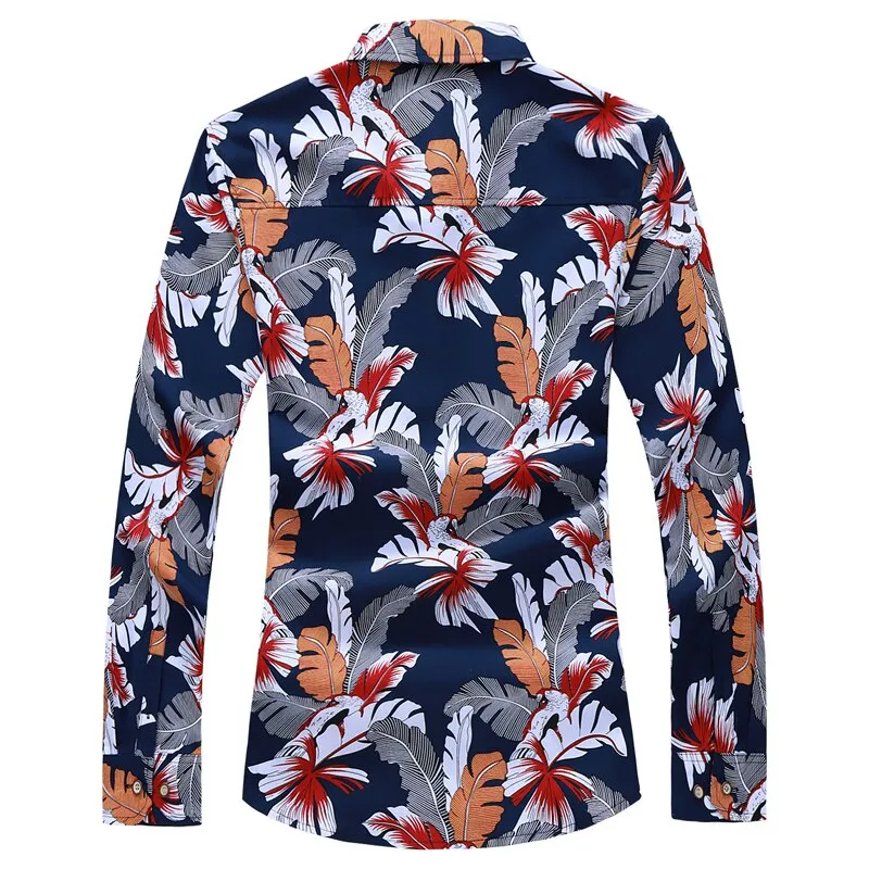 Men's Navy Blue Polyester Slim Fit Printed Pattern Long Sleeve Shirt