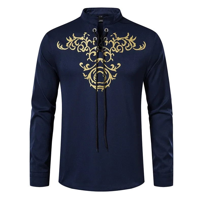 Men's Retro Printed Pullover Closure Lace Up Long Sleeve Casual Shirt