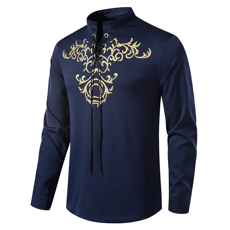 Men's Retro Printed Pullover Closure Lace Up Long Sleeve Casual Shirt