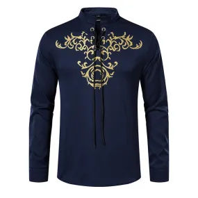 Men's Retro Printed Pullover Closure Lace Up Long Sleeve Casual Shirt