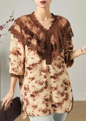 Modern Brown Peter Pan Collar Tie Dye Chiffon Shirts Spring