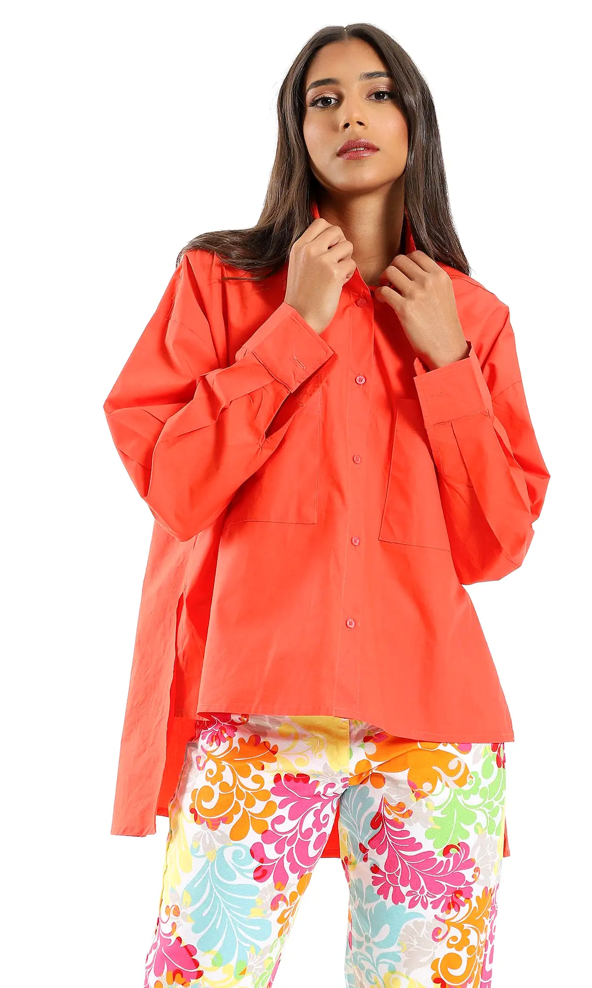 O153390 High Low Buttoned Casual Shirt - Watermelon