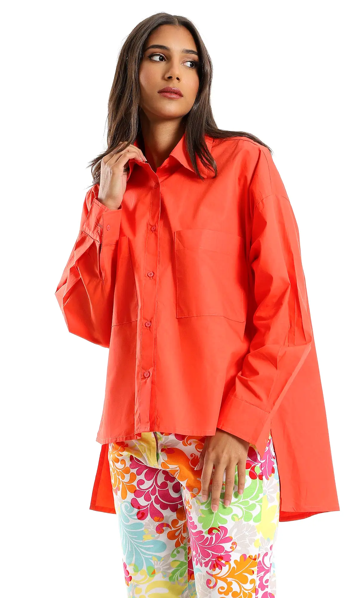 O153390 High Low Buttoned Casual Shirt - Watermelon