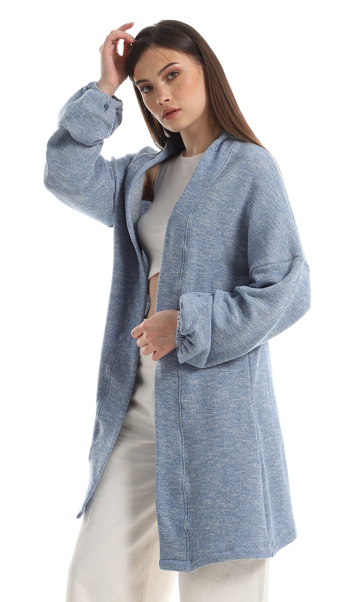 O162758 Inner Fleece Heather Baby Blue Slip On Cardigan