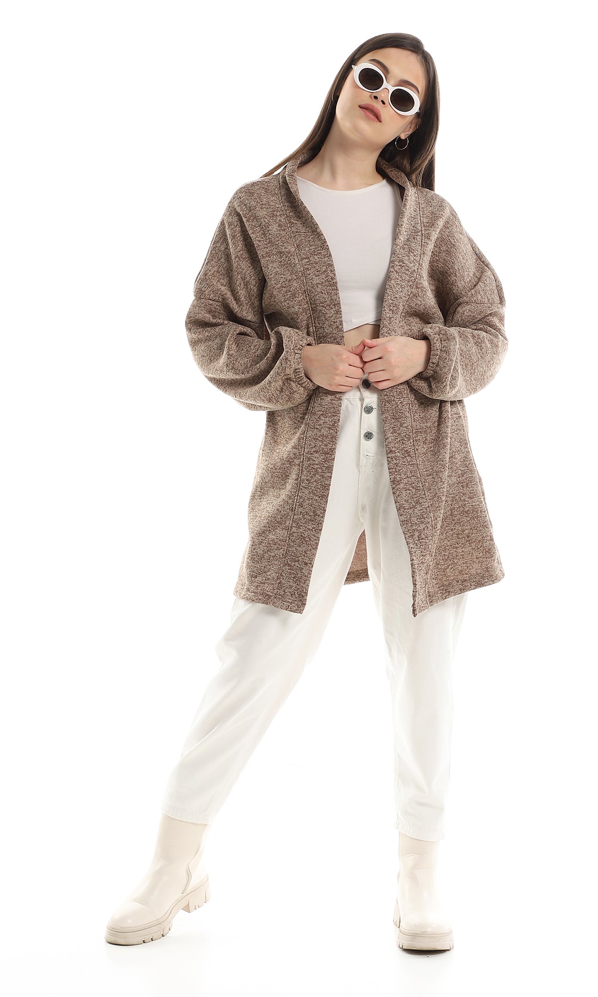 O162759 Knitted Long Sleeves Cardigan With Elastic Cuffs - Brown & Beige