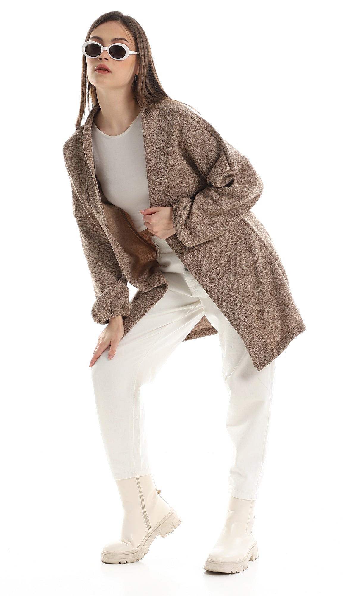 O162759 Knitted Long Sleeves Cardigan With Elastic Cuffs - Brown & Beige