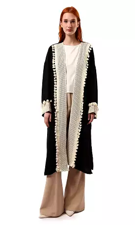 O178808 Crochet Neckline Slip On Black Long Cardigan