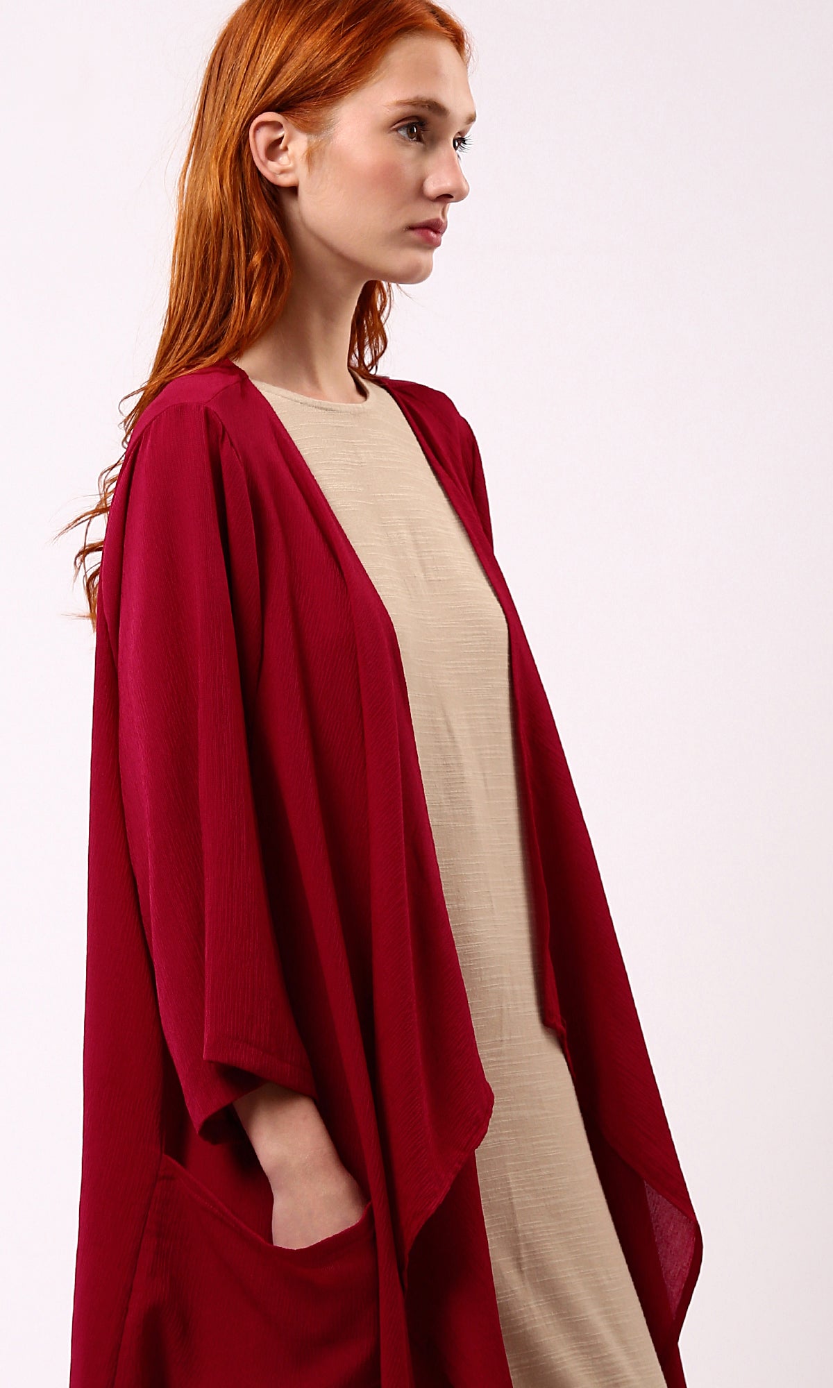 O188298 Dark Red Summer Cardigan With Side Pockets